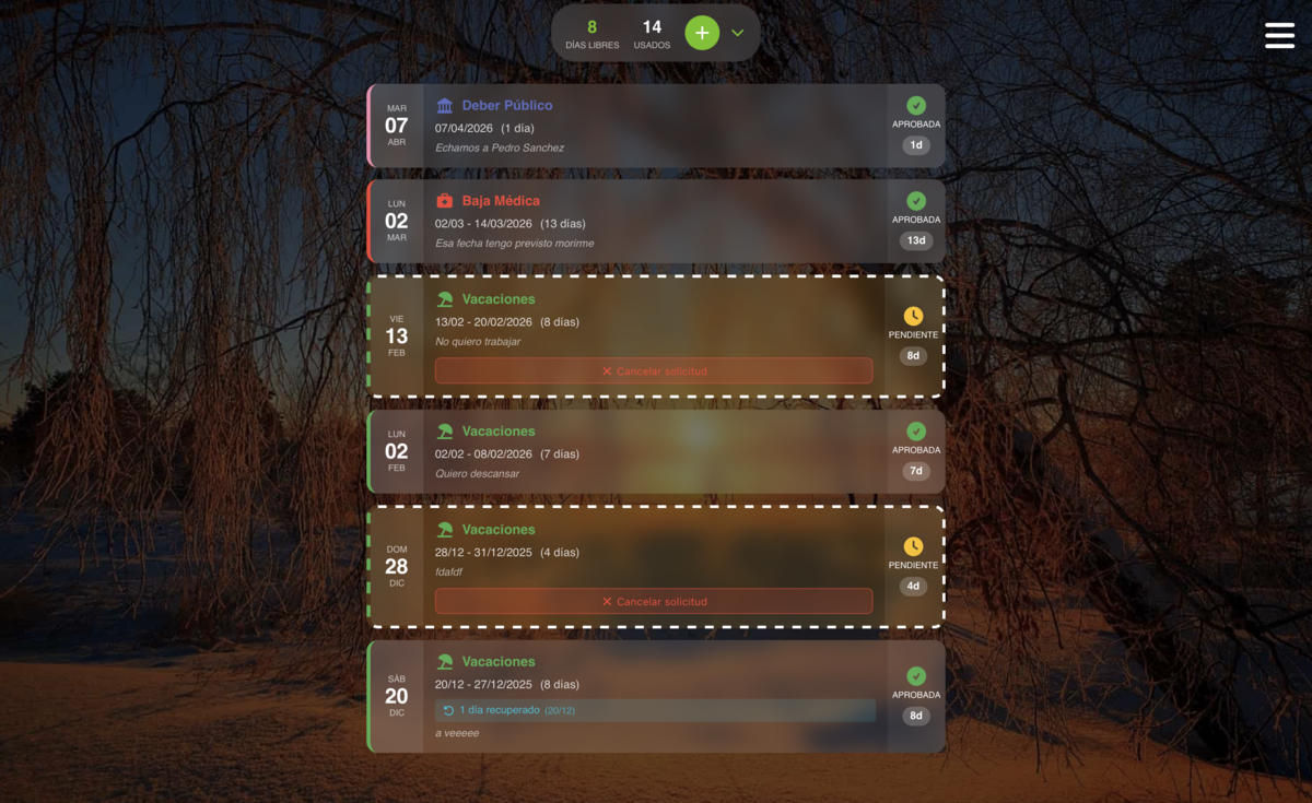 Pantalla de vacaciones